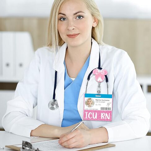 Plifal ICU RN Badge Buddy Card Holder Nurse Nursing Accessories Intensive Care Unit Registered Nurse Glitter Blue Horizontal ID Name Identification Tags Nurse Work in Saudi Arabia