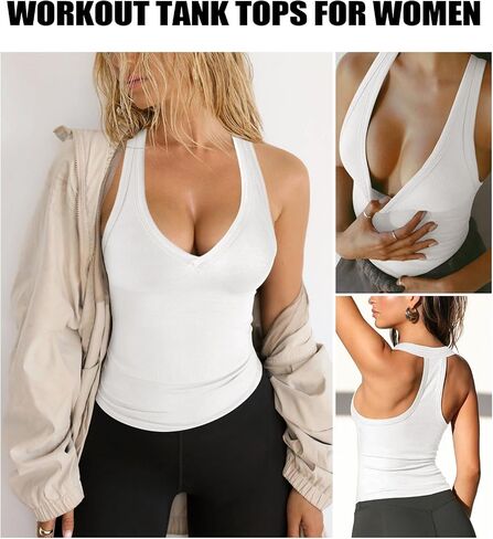 Womens Low Cut Deep V Neck Racerback Tank Tops for Women Summer Workout Yoga Sport Ribbed Fitted Cotton Clothes in Saudi Arabia