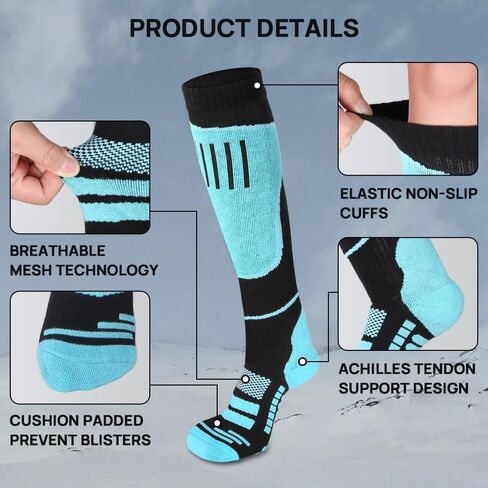 JBM زوجان من جوارب التزلج على الجليد للنساء للتزلج على الجليد، جوارب حرارية شتوية دافئة، فوق ربلة الساق مانعة للانزلاق in Kuwait