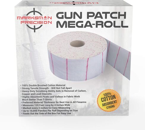 Gun Patch MEGA-ROLL - قماش قطني قوي 100٪ ناعم مزدوج - 10000 رقعة ماصة - مقطوعة حسب الحجم - مسدس بندقية نظيف مسدس مسحوق أسود مسدس - صيد الرماية in Saudi Arabia