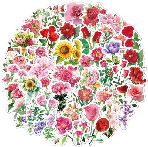 50Pcs Flower Stickers,Variety Colors Roses Stickers,Rose Bouquet Water Bottle Stickers,Stickers for Laptop Diary Luggage Guitar Skateboard, Waterproof Vinyl Sticker for Kids Teen Girls in Saudi Arabia
