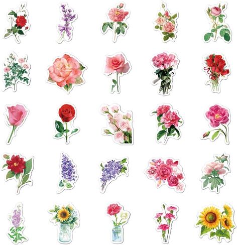 50Pcs Flower Stickers,Variety Colors Roses Stickers,Rose Bouquet Water Bottle Stickers,Stickers for Laptop Diary Luggage Guitar Skateboard, Waterproof Vinyl Sticker for Kids Teen Girls in Saudi Arabia