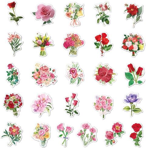 50Pcs Flower Stickers,Variety Colors Roses Stickers,Rose Bouquet Water Bottle Stickers,Stickers for Laptop Diary Luggage Guitar Skateboard, Waterproof Vinyl Sticker for Kids Teen Girls in Saudi Arabia