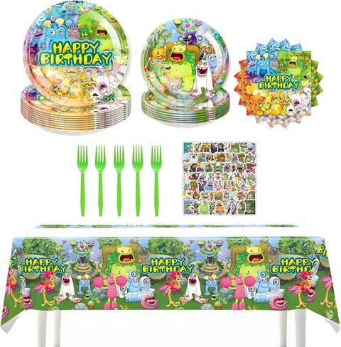 singing monsters birthday party decorations party supplies includes tablecloth, dinner plates, stickers, forks, decals in Saudi Arabia