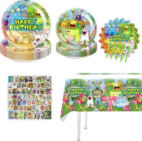 singing monsters birthday party decorations party supplies includes tablecloth, dinner plates, stickers, forks, decals in Saudi Arabia