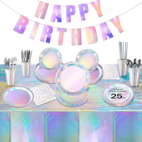 زينة الحفلات قزحية الألوان، مستلزمات أعياد الميلاد ثلاثية الأبعاد، مجموعة أدوات مائدة للحفلات قزحية الألوان، أطباق ورقية ثلاثية الأبعاد، مناديل أكواب، القش، لافتة مفرش المائدة لحفلات أعياد الميلاد، يخدم 25 in Kuwait