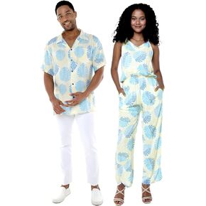 Matchable Couple Hawaiian Luau Shirt or V-Neck Jumpsuit with Pockets in Pacific Palm Cream