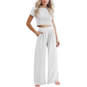 Xaspee Women's 2 Piece Outfits Summer Casual Short Sleeve Crop Top and Pocketed Wide Leg Pants