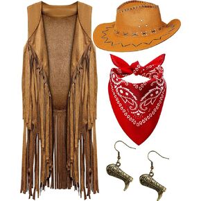4 Pieces Cowgirl Outfits Set, Tassels Fringe Sleeveless Vest Cowboy Hat Boots Dangle Drop Earrings Cowboy Bandana