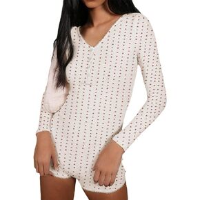 NUFIWI Women Y2k One Piece Bodysuit Pajamas Long Sleeve Floral Printed Short Rompers Bodycon Button Down Jumpsuit