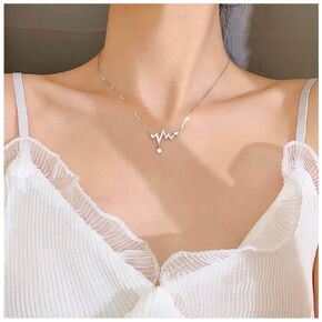 Erimberate Bohemian Crystal Heartbeat Choker Necklace Silver ECG Heart Pendant Necklace Cz Lifeline Pulse Necklace Paved ECG Love Heart Necklace Jewelry for Women and Girls Gifts