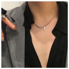 Iaceble Vintage Cross Choker Necklace Punk Curb Chain Link Necklace Religious Cross Pendant Necklace Chain Silver Short Necklace Jewelry For Women And Girls