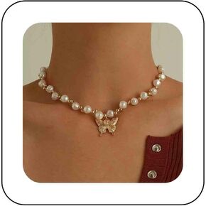 Sttiafay Boho Pearl Butterfly Choker Necklace Gold Butterfly Pendant Necklace Pearl Bead Chain Necklace Choker Baroque Pearl Necklace Jewelry for Women and Girls Gifts