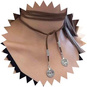 Vintage Long Vagan Suede Necklace Brown Boho Leather Wrap Choker Necklace Leather Disc Coin Necklace Sweater Chain Jewelry for Women and Girls