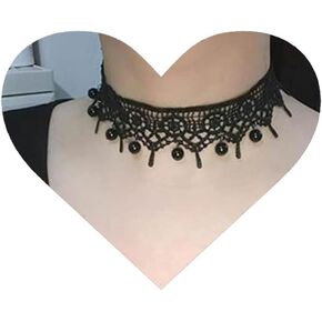 Allereyae PunkHollow Lace Choker Necklace Black Wide Lace Necklace Black Bead Dangle Necklace Choker Punk Plain Lace Clavicle Necklace Jewelry for Women and Girls