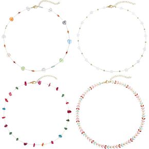 Wremily 4 Pcs Gold Choker Necklace for Women Dainty Pearl Necklaces Cute Flower Handmade Satellite Beaded Necklace Crystal Stone Chain Chokers Necklaces Set Jewelry Gift