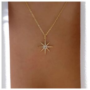 Yheakne Boho Rhinestone North Star Pendant Necklace Gold Cz Sunburst Choker Necklace Cubic Sun Necklace Celestial Necklace Chain Jewelry for Women and Girls