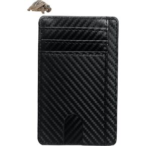 Slim Genuine Leather Mens Minimalist Wallet RFID Blocking Carbon Fiber Credit Card Holder Clear ID Window Front Pocket 5 Cards & Cash Slots Unisex Great for Men & Woman (Black)