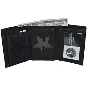 Leatherboss Genuine Leather Police Star Shape Badge Holder Trifold Wallet with ID Window, Black