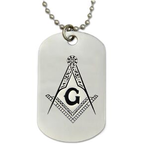 Engraved Square & Compass Dog Tag Masonic Necklace - [Silver][2'' Tall]