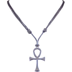 BlueRica Ankh Cross of Life Pendant on Adjustable Black Rope Cord Necklace (Chrome)