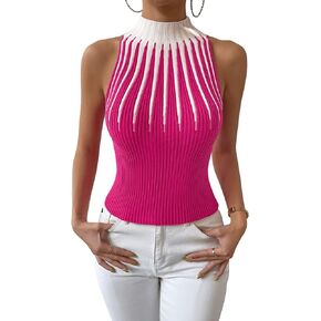 SweatyRocks Women's Sleeveless Mock Neck Tank Top Casual Color Block Slim Fit Ribbed Knit Cami Tops