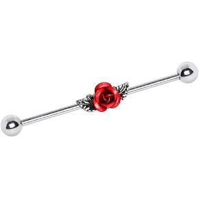 Pierced Owl 14GA 316L Surgical Steel Red Rose with Leaves Industrial Barbell