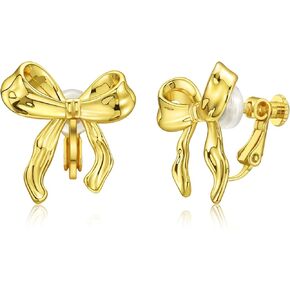 14K Gold Plated Bow Clip On Earrings Ribbon Earrings, Non Pierced Ribbon Bow Stud Earrings for Women Girls