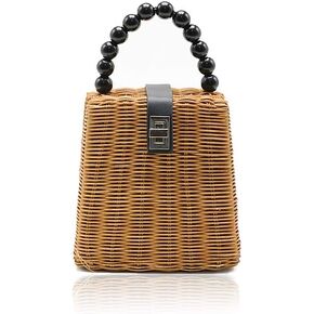 QTKJ Fashion Women Hand-Woven Wicker Shoulder Bag with Removable Leather Shoulder Strap Summer Vintage Beach Straw Crossbody Bag Beaded Handle Tote Bag