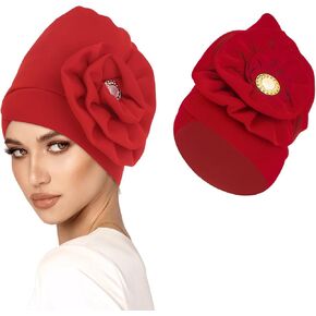 Bohend African Big Flower Rhinestone Turban Cap Muslim Pre Tied Beanie Headwrap Bonnet Stretch Pleated Women Headscarf Hat