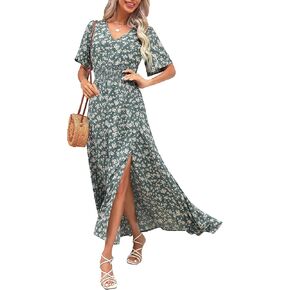 Kranda Women 2023 Summer Deep V Neck High Waist Short Sleeve Casual Long Boho Floral Swing Flowy Slit Beach Maxi Dress