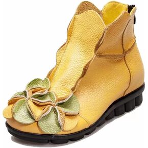 AUNTHUI Women'S Leather Fleece Hand-Stitched Wedge Bohemian Flower Ankle Boots,Back Zipper Warm Non-Slip Retro Casual Shoes