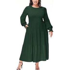Anna-Kaci Women's Plus Size Casual Poet Long Sleeve Smocked Dress Crewneck Flowy Tiered Midi Dress