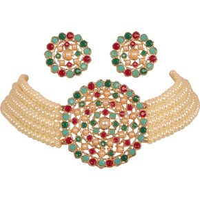Touchstone Indian Bollywood Traditional Rhinestone Kundan Polki Faux Pearls Colorful Beads Strings Designer Jewelry Choker Necklace Set in Antique or Gold Tone for Women.