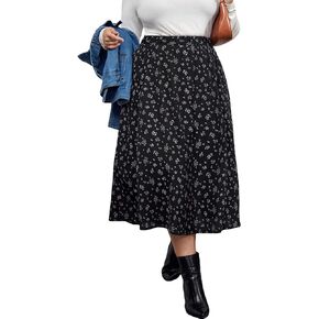 SOLY HUX Women's Plus Size Vintage High Waist A Line Flared Midi Skirt Floral Print Casual Long Skirts