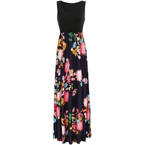 Sherosa Women Boho Chevron Striped Floral Printed Summer Sleeveless Tank Long Maxi Party Dress