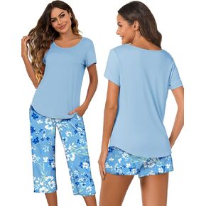 Ekouaer 3 PCS Capri Pajamas for Women Set Short Sleeve Pajama Sets Floral Pj Sets Soft Sleepwear with Pockets in Kuwait