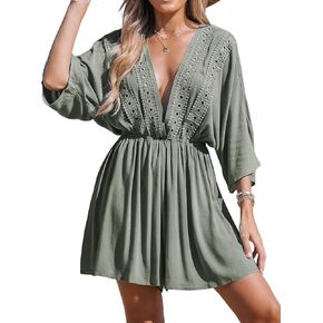 CUPSHE Women Lace Plunging Cover-Up Romper Long Sleeves V Neck Cover Up Casual Sexy Summer