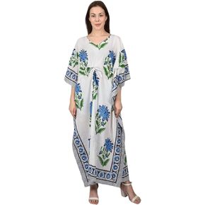 Fabric Venue Women's Ethnic Hand Block Print Cotton Maxi Kaftan Nightwear Dress Beach Wear Dress Floral Mugha Boota Kaftan Multicolor
