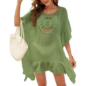 Womens Swimsuit Cover Ups For Swimwear Floral Flounce Round Neck Bikini Cover Crochet Chiffon Swim Wear Beach Coverups