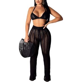 Salimdy Women Hollow Out Knitted See Through 2 Piece Outfits Halter Bandeau Top Long Pant Bikini Cover up