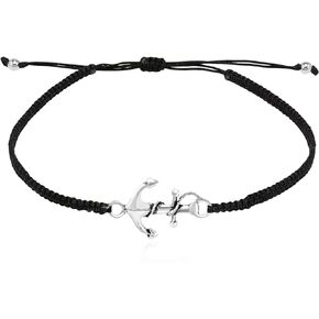 AeraVida Nautical Rope Anchor .925 Sterling Silver Charm on Cotton Rope Adjustable Wrist Pull Bracelet