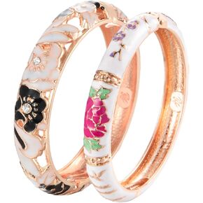 wynameleri Vintage Jewelry Cloisonne Handcrafted Enameled Gorgeous Rhinestone Rose Gold Hinged Cuff Bracelet Bangles Gifts 88A-55A128