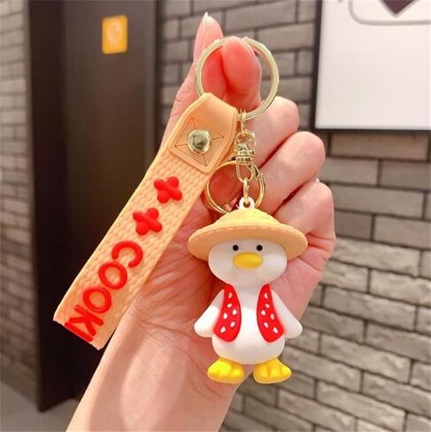 Duck Keychain Cartoon Anime Keychain Key Ring Happy Duck Keychain With Straw Hat Cute Bag Car Pendant Key Chains for Women Men Friends, Red, F in Saudi Arabia