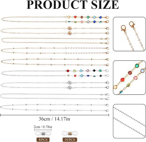 Bekecidi 9 Pieces Eyeglasses Straps Chain, Spectacle Cord Chains, Glasses Chains for Women (Gold, Silver), 金色，银色, 16*11.5*1.5cm in Kuwait