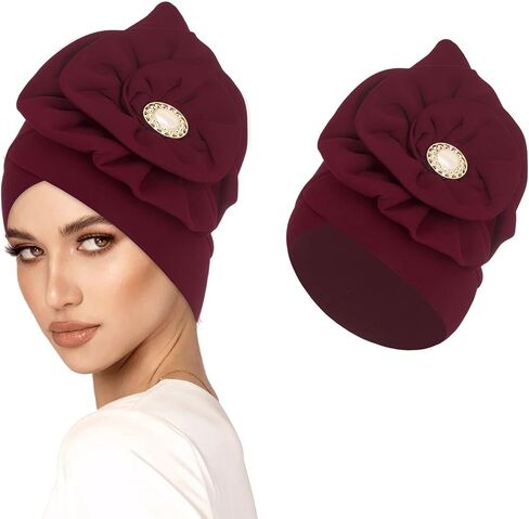 Bohend African Big Flower Rhinestone Turban Cap Muslim Pre Tied Beanie Headwrap Bonnet Stretch Pleated Women Headscarf Hat in Kuwait