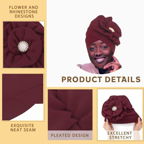 Bohend African Big Flower Rhinestone Turban Cap Muslim Pre Tied Beanie Headwrap Bonnet Stretch Pleated Women Headscarf Hat in Kuwait