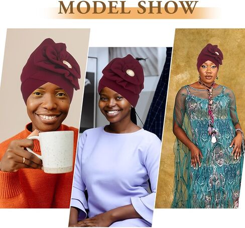 Bohend African Big Flower Rhinestone Turban Cap Muslim Pre Tied Beanie Headwrap Bonnet Stretch Pleated Women Headscarf Hat in Kuwait