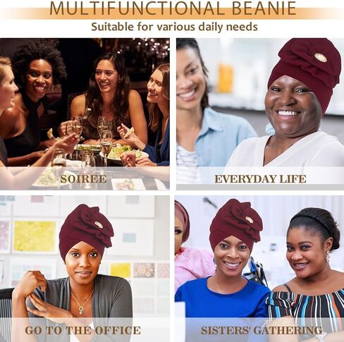 Bohend African Big Flower Rhinestone Turban Cap Muslim Pre Tied Beanie Headwrap Bonnet Stretch Pleated Women Headscarf Hat in Kuwait