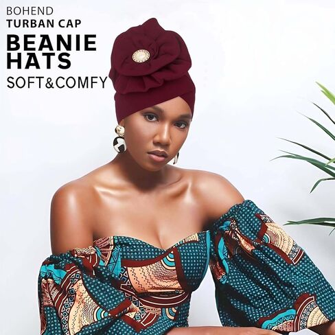 Bohend African Big Flower Rhinestone Turban Cap Muslim Pre Tied Beanie Headwrap Bonnet Stretch Pleated Women Headscarf Hat in Kuwait